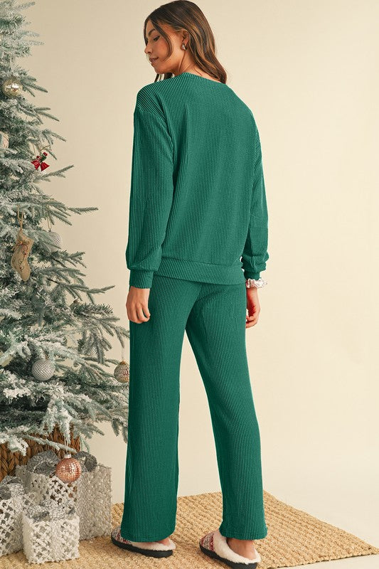 Crinkle Rib JOLLY Pattern Top and Pockets Pants Set | Loungewear Sets Daverri Fashions