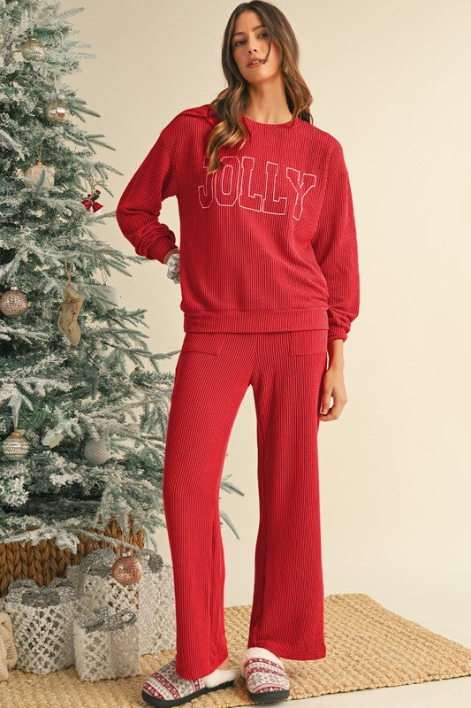 Crinkle Rib JOLLY Pattern Top and Pockets Pants Set | Loungewear Sets Daverri Fashions