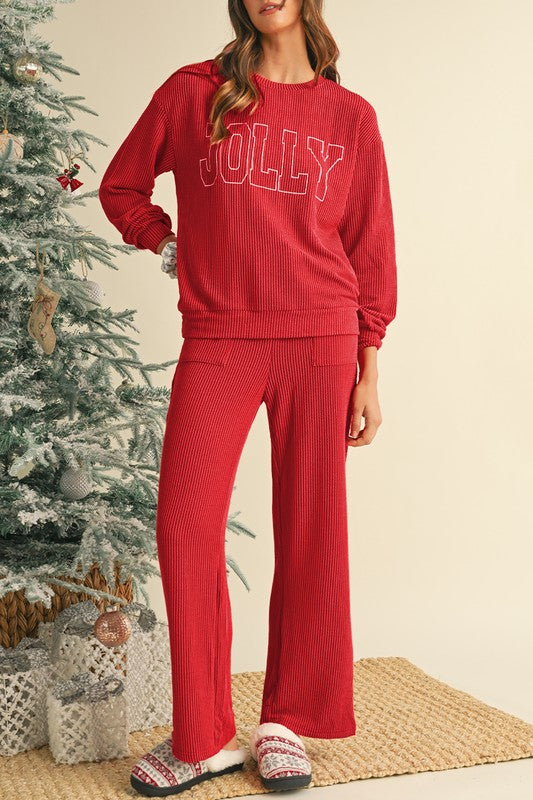 Crinkle Rib JOLLY Pattern Top and Pockets Pants Set | Loungewear Sets Daverri Fashions