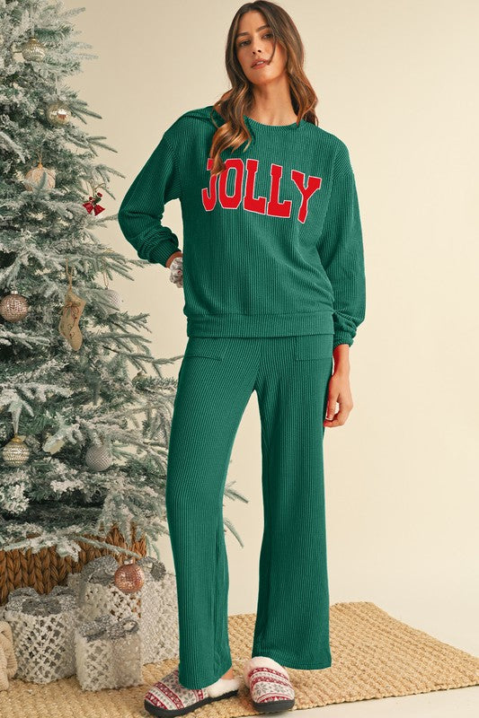 Crinkle Rib JOLLY Pattern Top and Pockets Pants Set | Loungewear Sets Daverri Fashions