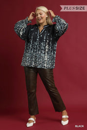 Umgee Floral Vine Print Blouse with Balloon Sleeves Plus Size Black | Blouses Daverri Fashions