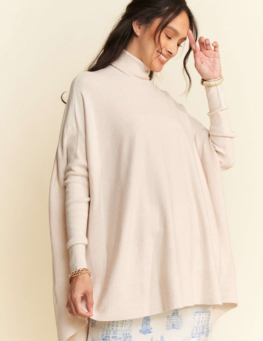 Davi & Dani High-Low Turtleneck Long Sleeve Knit Top Cream