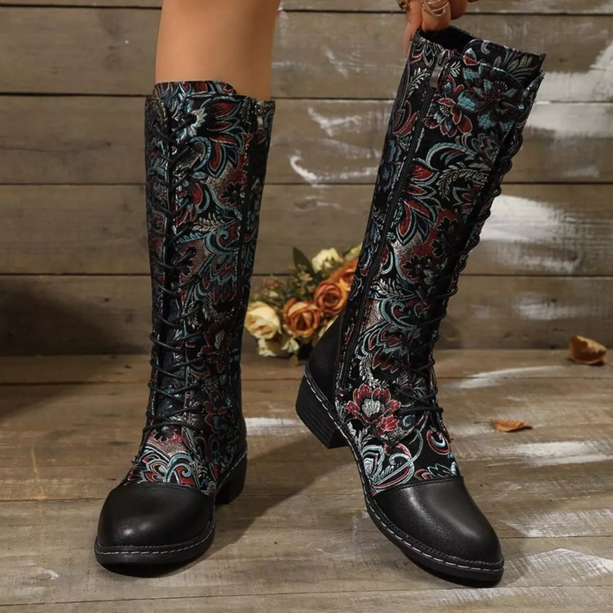 Black Lace Up Block Heels Boots | Boots Daverri Fashions