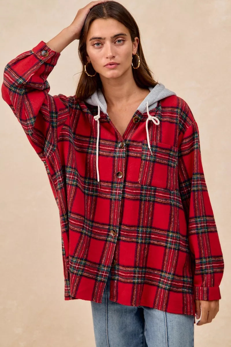 BiBi Brushed Plaid Hooded Jacket | Jackets Daverri Fashions
