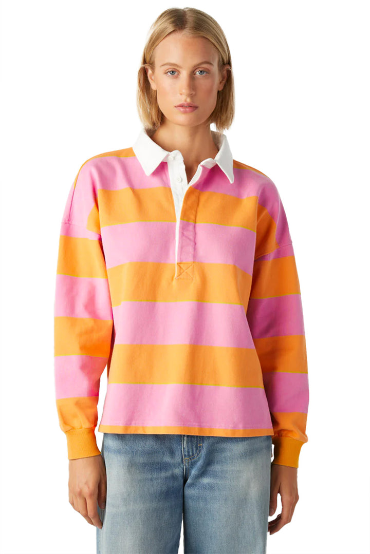 Yellow Stripe Color Block Polo Collar Sweatshirt | Sweatshirts Daverri Fashions