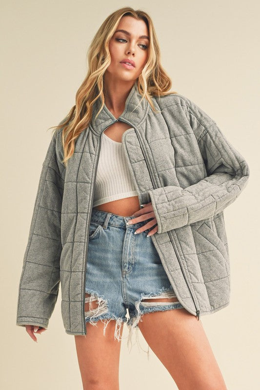Gray Dixie Jacket: Quilted with Front Zipper and Ribbed Collar