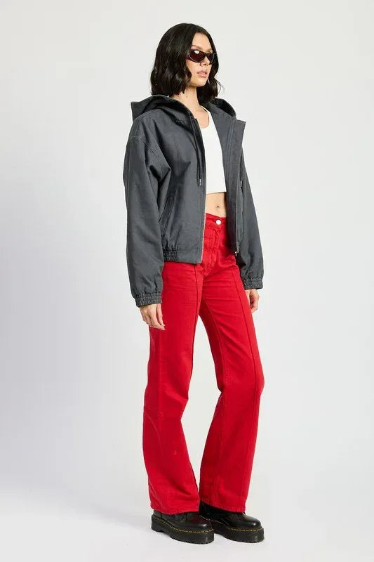 VINTAGE WASHED DENIM ZIP UP HOODIE - DAVERRI FASHIONS