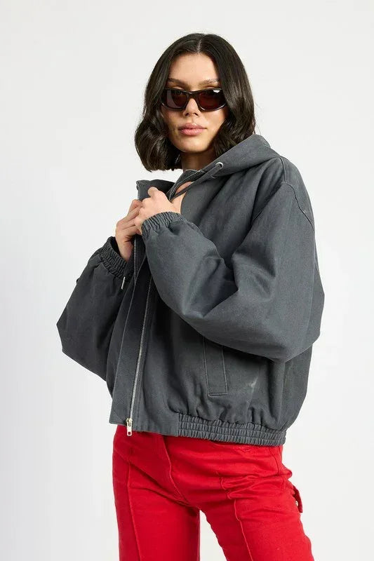 VINTAGE WASHED DENIM ZIP UP HOODIE - DAVERRI FASHIONS