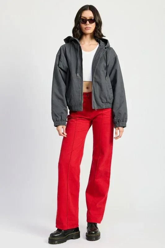 VINTAGE WASHED DENIM ZIP UP HOODIE - DAVERRI FASHIONS