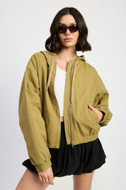 KHAKI VINTAGE WASHED DENIM ZIP UP HOODIE | Daverri Fashions