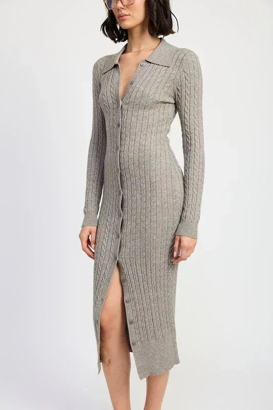 BUTTONED LONG SLEEVE CABLE KNIT DRESS - DAVERRI FASHIONS