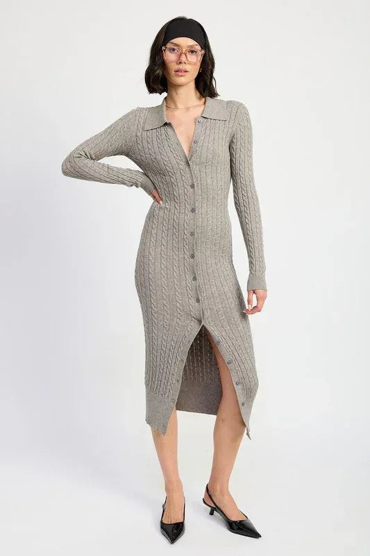 BUTTONED LONG SLEEVE CABLE KNIT DRESS - DAVERRI FASHIONS