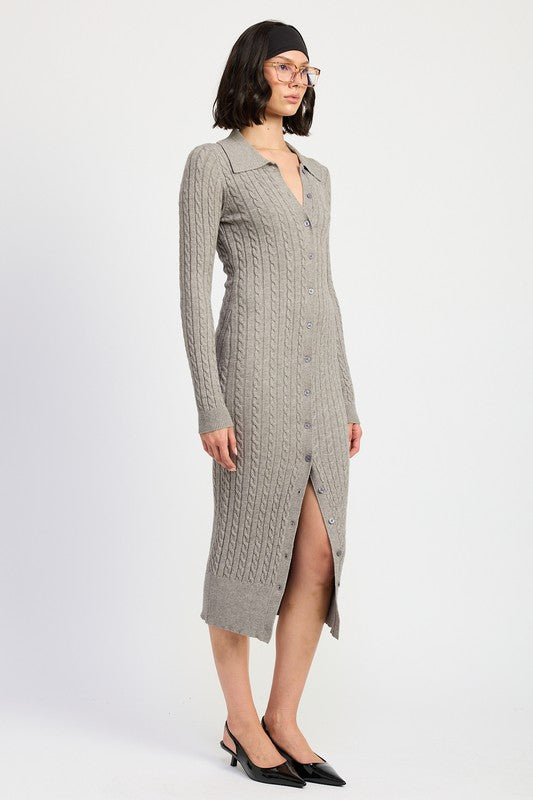 BUTTONED LONG SLEEVE CABLE KNIT DRESS | Midi Dresses Daverri Fashions