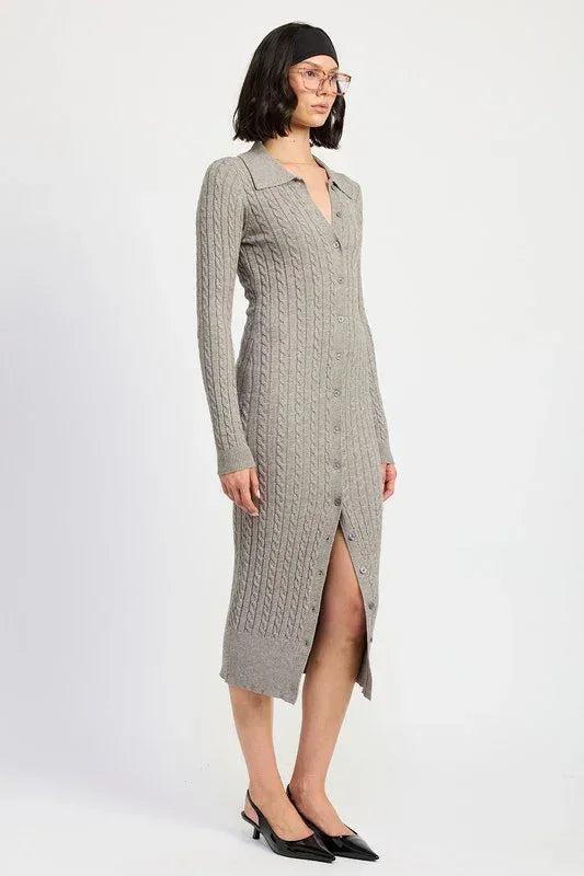 BUTTONED LONG SLEEVE CABLE KNIT DRESS - DAVERRI FASHIONS