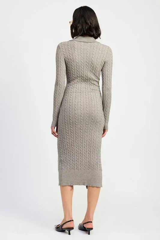 BUTTONED LONG SLEEVE CABLE KNIT DRESS - DAVERRI FASHIONS