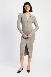 BUTTONED LONG SLEEVE CABLE KNIT DRESS | Midi Dresses Daverri Fashions