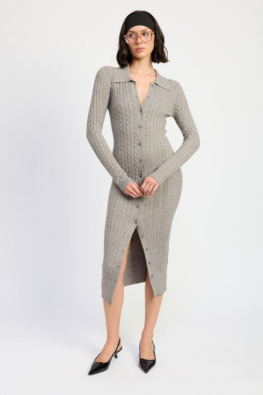 BUTTONED LONG SLEEVE CABLE KNIT DRESS | Midi Dresses Daverri Fashions