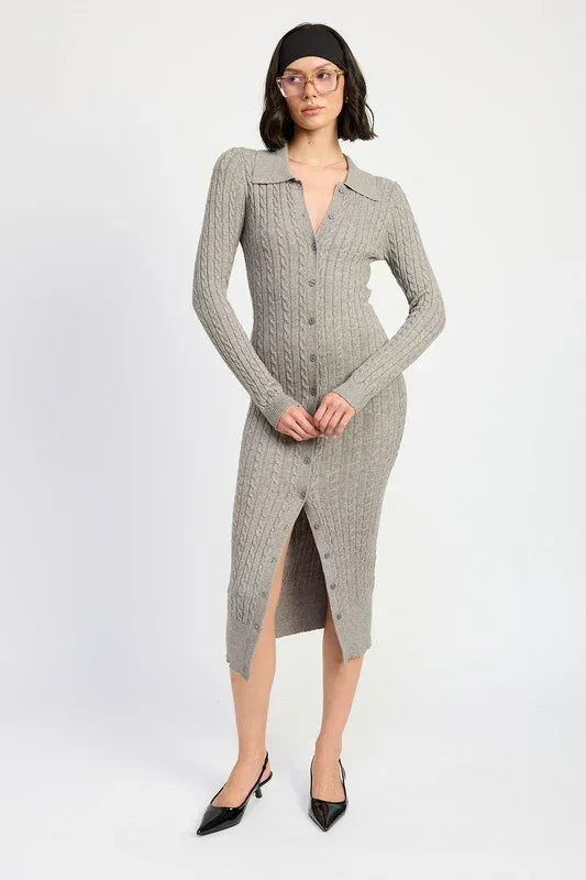 BUTTONED LONG SLEEVE CABLE KNIT DRESS - DAVERRI FASHIONS