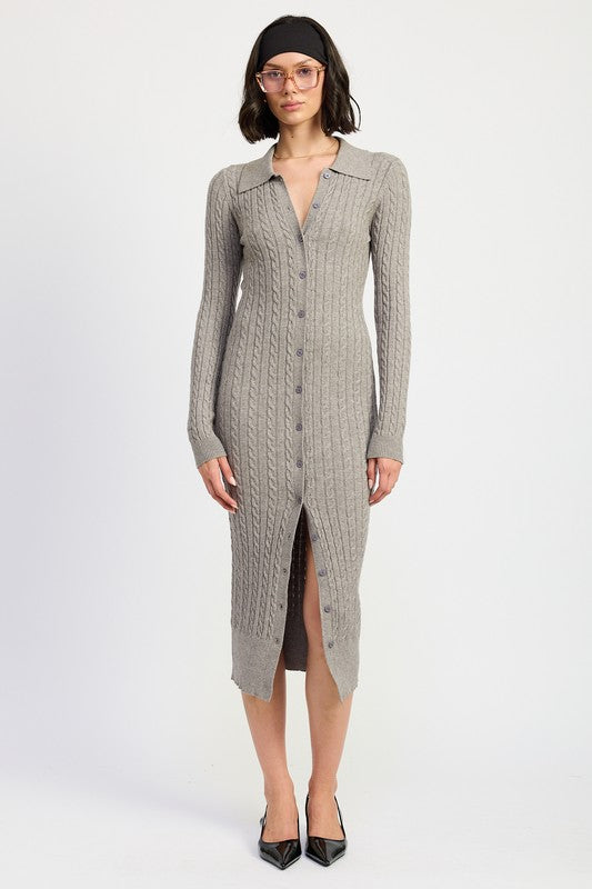 MED GREY BUTTONED LONG SLEEVE CABLE KNIT DRESS | Midi Dresses Daverri Fashions