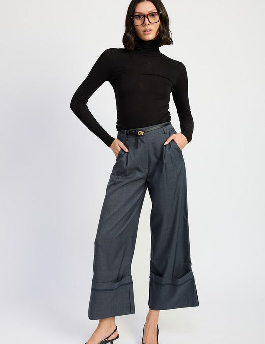 FOLD OVER PLEATED PANTS GREY BLUE Bottoms