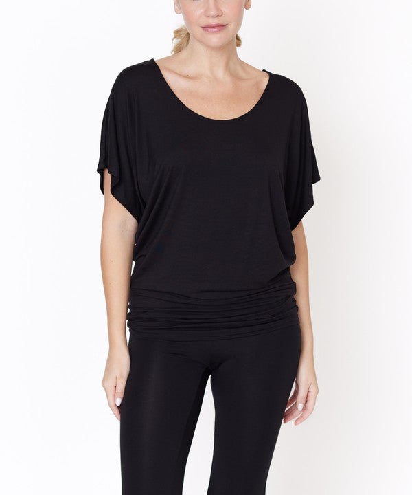 Bamboo U Neck Dolman Sleeve Tunic Top BLACK Tops