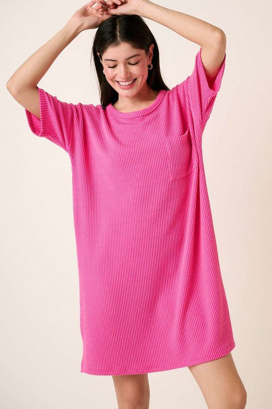 Mittoshop Urban Rib Knit Short Sleeve Tee Dress Hot Pink Mini Dresses