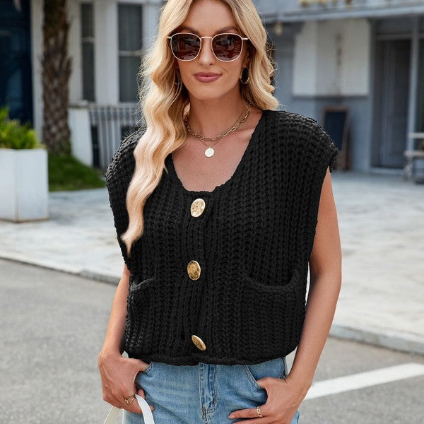Cropped Sleeveless knit cardigan vest Black Sweaters