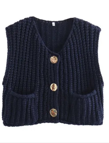 Cropped Sleeveless knit cardigan vest Navy Sweaters