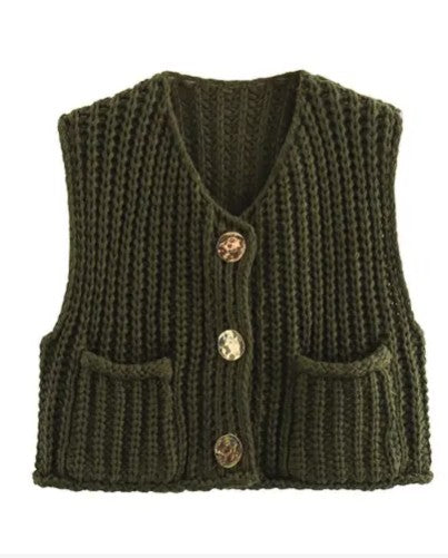 Cropped Sleeveless knit cardigan vest Olive Sweaters