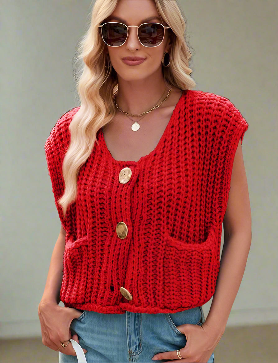 Cropped Sleeveless knit cardigan vest Bright red Sweaters