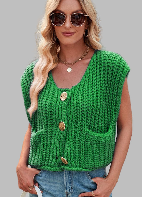 Cropped Sleeveless knit cardigan vest Green Sweaters