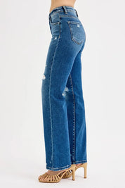 RISEN Full Size Tummy Control High Rise Straight Distressed Jeans Plus Size | Jeans Daverri Fashions