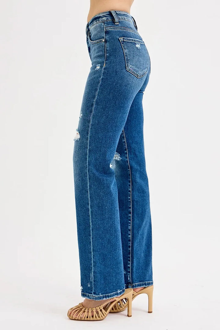 RISEN Full Size Tummy Control High Rise Straight Distressed Jeans Plus Size | Jeans Daverri Fashions