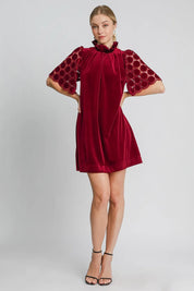 Umgee Dotted Lace Half Sleeve Mock Neck Back Tie Velvet Dress | Mini Dreses Daverri Fashions