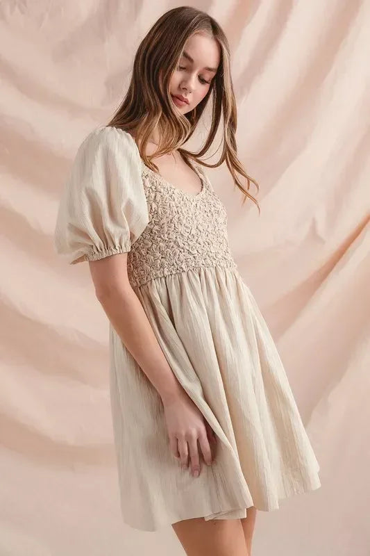 SO ME Textured Woven Daily Dress with Puff Sleeves - DAVERRI FASHIONS