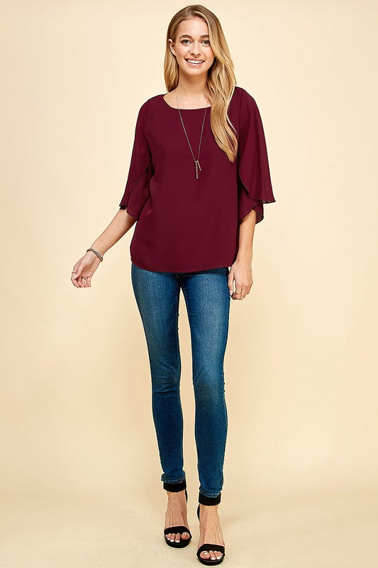 Tulip Sleeve Woven Blouse WINE