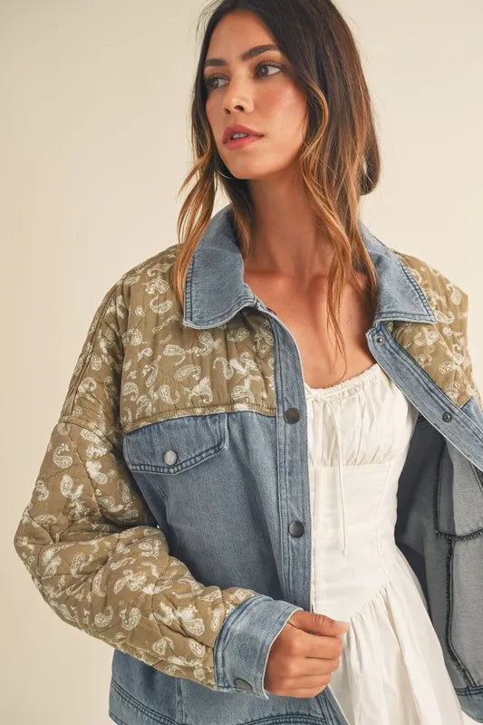 MABLE Quilted Paisley Print Contrast Denim Jacket
