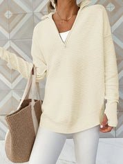 Cream Half Zip Long Sleeve Knit Top | Knit Tops Daverri Fashions