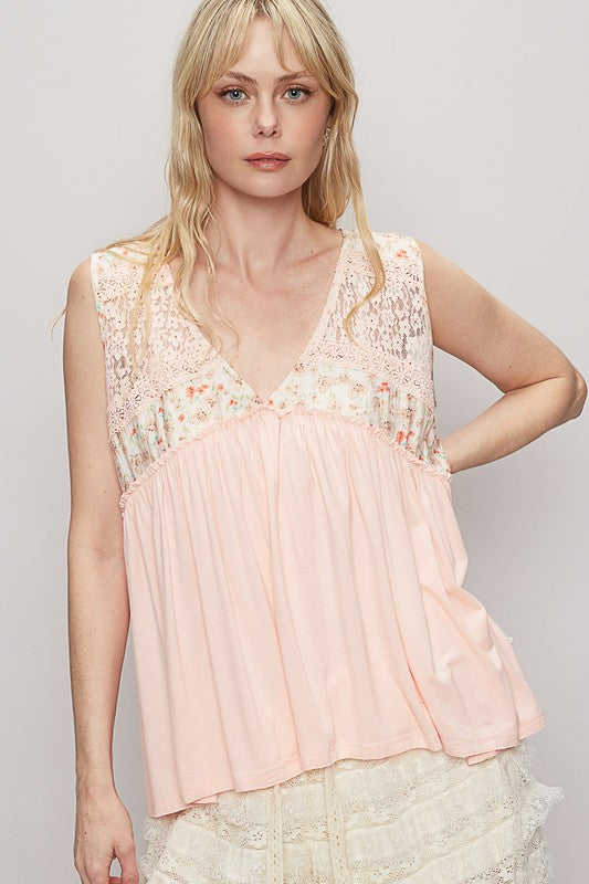 POL Lace Detail Frill Floral V-Neck Sleeveless Top Watermelon pink Tops