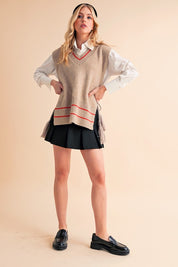 Oversized Aemi + Co V-Neck Poncho Vest in Beige Knit with Red Black Trim