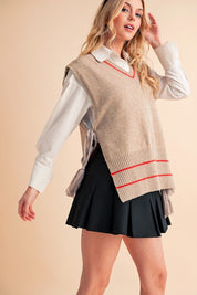 Beige and red striped knitted sweater vest with Peter Pan collar