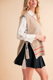 Beige and red striped Aemi + Co side tie V-neck wool vest poncho with tassels
