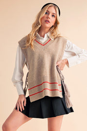 Beige Aemi + Co Side Tie V Neck Vest Poncho with red white stripes
