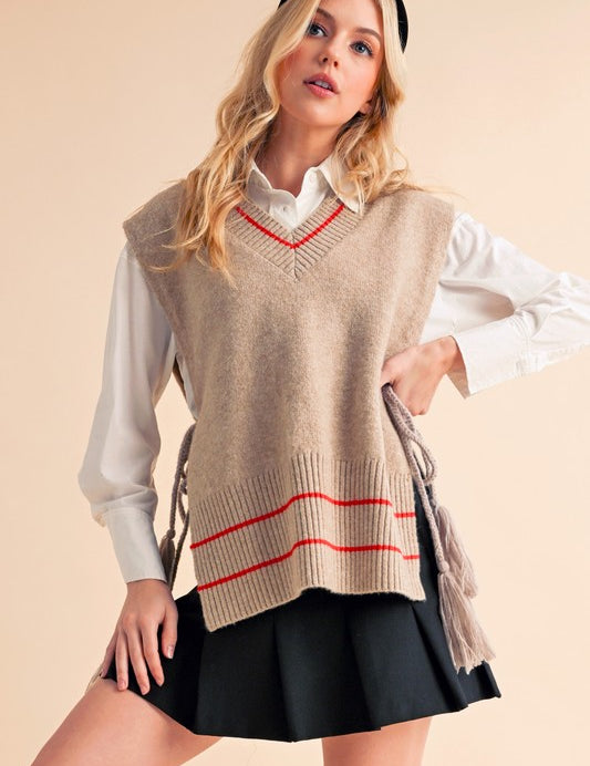 Beige Aemi + Co Side Tie V Neck Vest Poncho with red white stripes