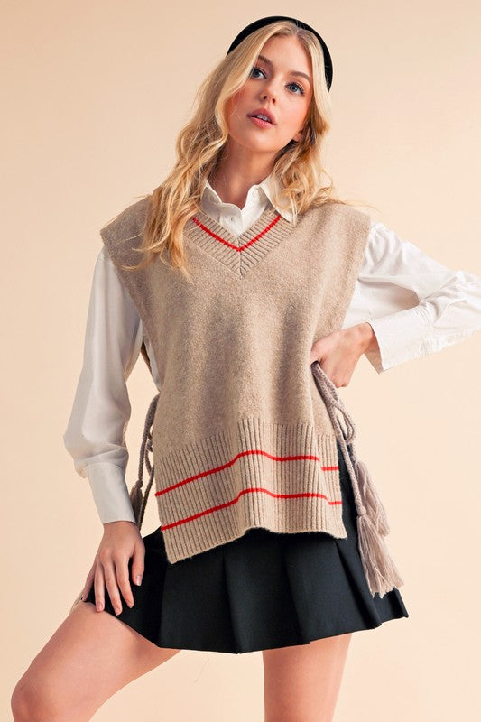 Beige Aemi + Co Side Tie V Neck Vest Poncho with red white stripes