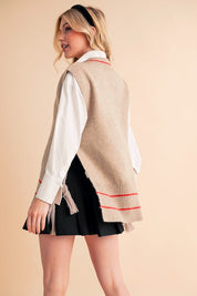 Beige white striped knit cardigan with fringe Aemi + Co vest poncho