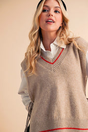 Beige and red striped V-neck sweater vest poncho by Aemi + Co
