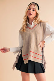 Beige and red striped Aemi + Co side tie v-neck vest poncho with fringe