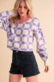 Lavender plaid Aemi + Co cropped boxy sweater with pink trim