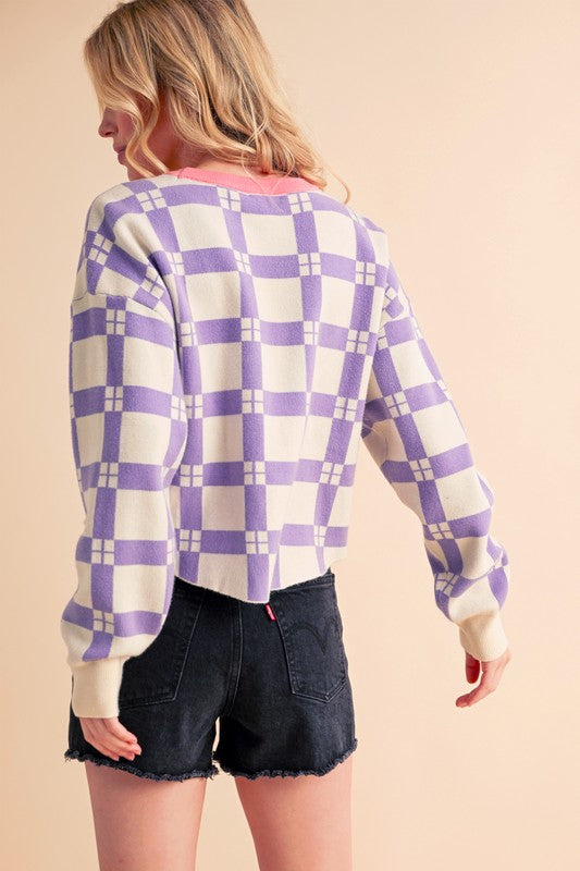 Lavender and white checkered Aemi + Co cropped boxy sweater with frayed hem shorts